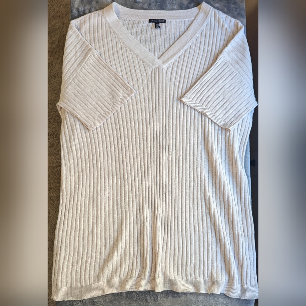 Eileen Fisher Cap Sleeve Top Womens Large V-Neck Large Tunic Knit Oversized